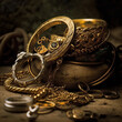 Very old vintage retro gold jewelry, rings, chains, bracelets with precious stones close-up, treasure