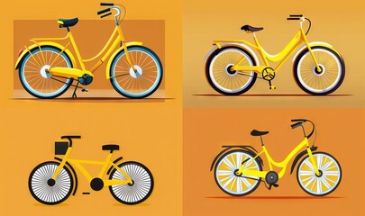 Sticker -  a yellow bicycle is shown in four different angles and colors.  generative ai