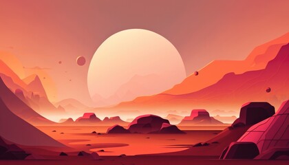 Wall Mural - sunrise in the desert, Mars flat illustration, detailed landscape, red and orange color, big moon, AI 