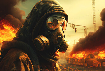 Gas mask on man during explosion. Chemical weapons against civil, destruction of houses and buildings. nuclear war concept. Nuclear explosion as a  radioactivity result of world military conflict. AI