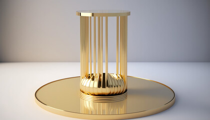 Modern, minimal round gold colored steel table podium with reeded glass partition on cream colored wall for luxury, organic, beauty, cosmetic product display