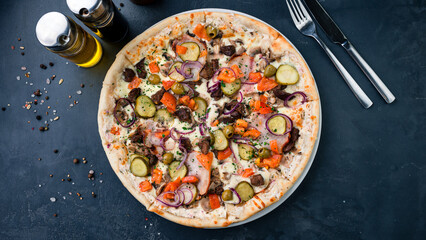 Sticker - Italian pizza with mushrooms, pickled cucumbers, olives, tomatoes, onions, cheese and herbs.