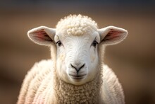 Cute White Sheep In A Vertical Closeup, Peering Straight At The Camera Against A Hazy Backdrop. Generative AI
