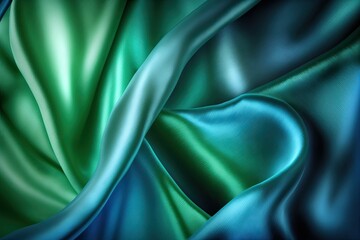 Wall Mural - green teal silk silky satin fabric elegant extravagant luxury wavy shiny luxurious shine drapery background wallpaper seamless abstract showcase backdrop artistic design presentation material texture