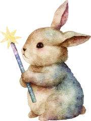 Aufkleber - Cute cartoon bunny with magic wand illustration created with Generative AI technology
