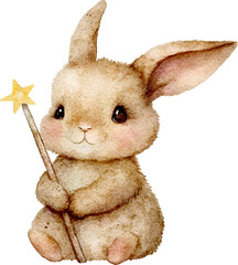 Aufkleber - Cute cartoon bunny with magic wand illustration created with Generative AI technology