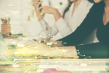 Fototapete - Multi exposure of woman hands working on computer and data theme hologram drawing. Tech concept.