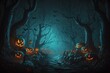 Spooky halloween forest with scary black trees and pumpkins on the ground. AI generated. Background
