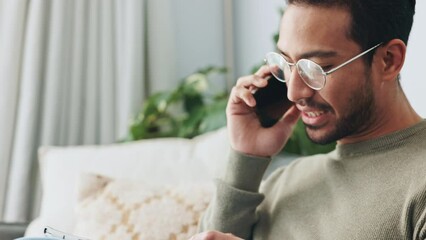 Wall Mural - Phone, tablet and communication with a man talking on a call and browsing the internet on a sofa in the living room of his home. Social media, networking and laugh with a male having a conversation