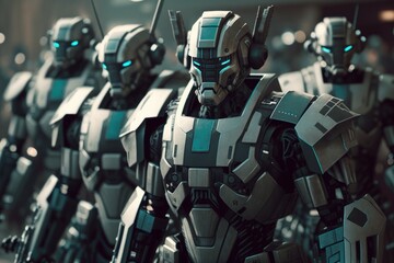 Army of metal cyborg robots, selective focus. AI generated, human enhanced.