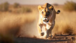 Action shot of a fierce lioness chasing the camera in the savannah heat. Generative AI.