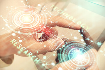 Fototapete - Multi exposure of man's hand holding and using a digital device and data theme drawing. Innovation concept.