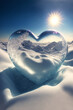 Winter scenery, on sunny day, ice frozen heart shape sculpture on snow landscape. Generative Ai