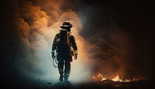 Illustration Of A Firefighter Between Flames And Smoke. Shocking, Dangerous. Horizontal