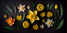 Colorful Daffodils Flat Lay On Black Background. Generative AI.