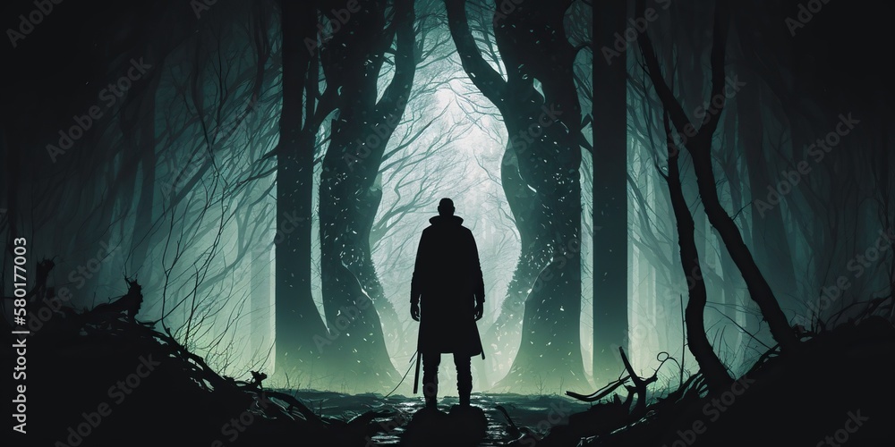 shadowy figure standing in misty forest watching from afar, concept of Mystery and Isolation, created with Generative AI technology