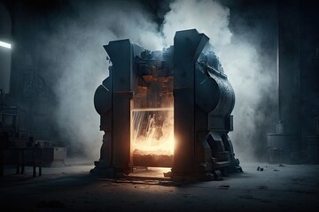 Poster - large furnace on dark background in foundry double exposure, created with generative ai