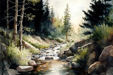 Wall Mural - a beautiful watercolor forest scene with a brook running through it and over rocks, created with generative ai