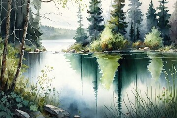 Poster - a serene lake surrounded by lush forest in a watercolor painting., created with generative ai