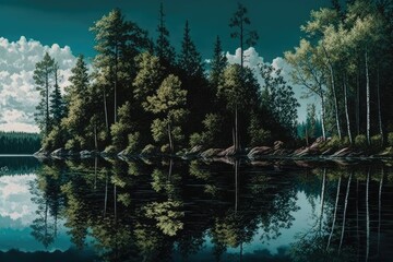 Poster - a tranquil lakeside forest scene, with the reflection of trees and sky in the water, created with generative ai