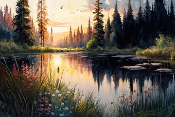 Poster - a tranquil pond surrounded by lush forest and wildflowers, with a stunning watercolor sunset in the background., created with generative ai