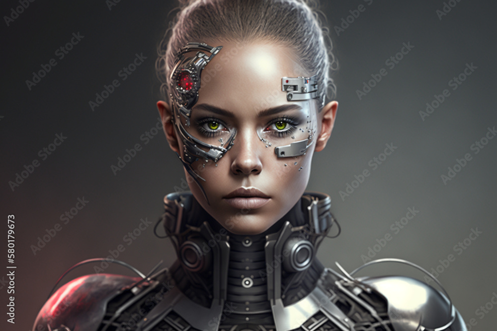 Young android head robot nice woman with part of skin and metal on a face, close up, creative ai