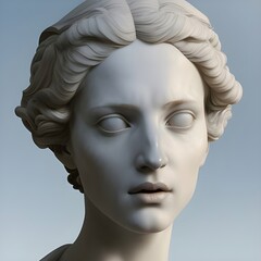 3D illustration of a white marble bust featuring a young woman with alabaster skin known as Aphrodite, the beautiful Greek goddess of love. She was also known to the Romans as the Roman goddess Venus.