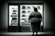 A very fat woman looks into an opened fridge, concept of Obesity and Curiosity, created with Generative AI technology