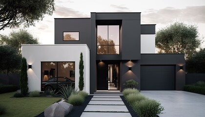 Wall Mural - A contemporary house with sleek lines and minimalist design, featuring large windows that provide ample natural light. The exterior is painted in a cool grey with accents of white generative ai