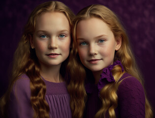 2 sister girls in purple tones on a purple background. gray hair, happy, celebrating international women's day, March 8. lilac, purple family, sisters, twins, triplets