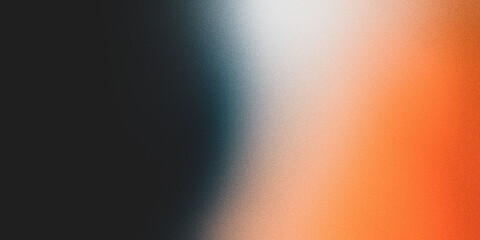 Color gradient grainy background, red orange white illuminated spots on black, noise texture effect