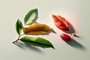 Sticker - Acerola cherry leaves and a cut in half on a flat white backdrop. Generative AI