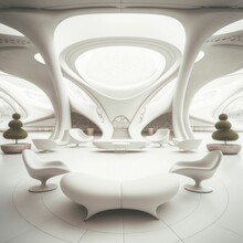 Lobby Of Minimalist Elegance: A White Room Inspired By Eero Saarinen's Style And The Twentieth Century