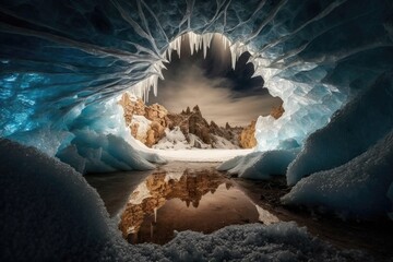 Poster - a frozen cavern with a lake of ice at its center, reflecting the icy stalactites overhead., created with generative ai