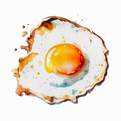 Wall Mural - Watercolor illustration of a fried egg on white background. Generative AI art.