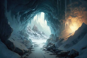 Canvas Print - a frozen cavern with a narrow passageway leading deeper into the ice., created with generative ai