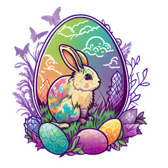 Wall Mural - Easter Day Concept. Watercolor easter bunny in the eggs, elements illustrations, cartoon holiday painted transparent background, Generative AI