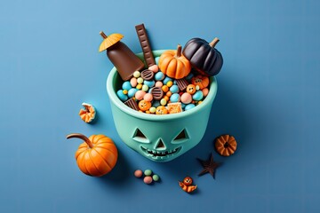 Canvas Print - A thought for Halloween. Various Halloween candies shown in a pumpkin pot, seen from above, on a blue solid background. Mockup of a Halloween Party Greeting Card. Generative AI