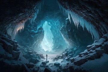 Canvas Print - a frozen cavern with a waterfall and ice-blue lighting, creating a beautiful and serene atmosphere, created with generative ai