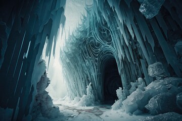 Canvas Print - a maze of frozen tunnels and chambers, with icicles hanging from the ceiling., created with generative ai