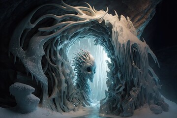 Canvas Print - a frozen cavern with a natural ice sculpture of an animal or person, with icicles in the shape of hair and clothing., created with generative ai