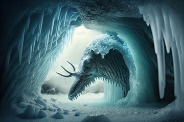 Wall Mural - a frozen cavern with a natural ice sculpture of an animal or person, with icicles in the shape of hair and clothing., created with generative ai