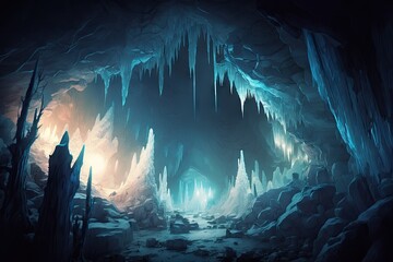 Poster - a wide view of a vast frozen cavern with ice stalactites and stalagmites, illuminated by the glow of blue led lights., created with generative ai