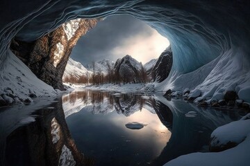 Poster - a frozen cavern with a river running through it, creating beautiful reflections., created with generative ai