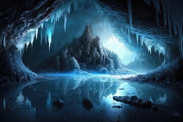 Canvas Print - a frozen lake in a vast cavern, with icicles hanging from the ceiling and reflecting blue light., created with generative ai