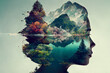 Double exposure of nature landscape and person. Health and wellness concept.