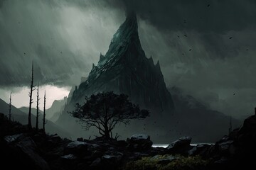 Wall Mural - Rough weather creates a gloomy atmosphere over a stone hill covered in forest and a silhouetted mountain range. Trees with conical or needlelike leaves, black rocks, and thick, low clouds during a rai