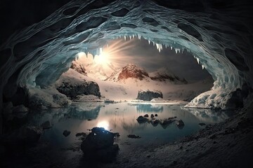 Sticker - a frozen lake in the center of a cavern, illuminated by rays of light filtering through the ice., created with generative ai