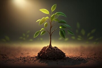 Poster - Morning sunshine and a blurry, green background set the stage for a scene about agriculture and plant growth. Step by step, a seedling emerges from its germination. illustration of a tree in a natura