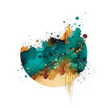 Turquoise Brown Yellow Watercolor Splash Blot Splatter Stain With Gold Glitters. Watercolor Brush Strokes. Beautiful Modern Hand Drawn Vector Illustration. Isolated Colorful Design . White Background